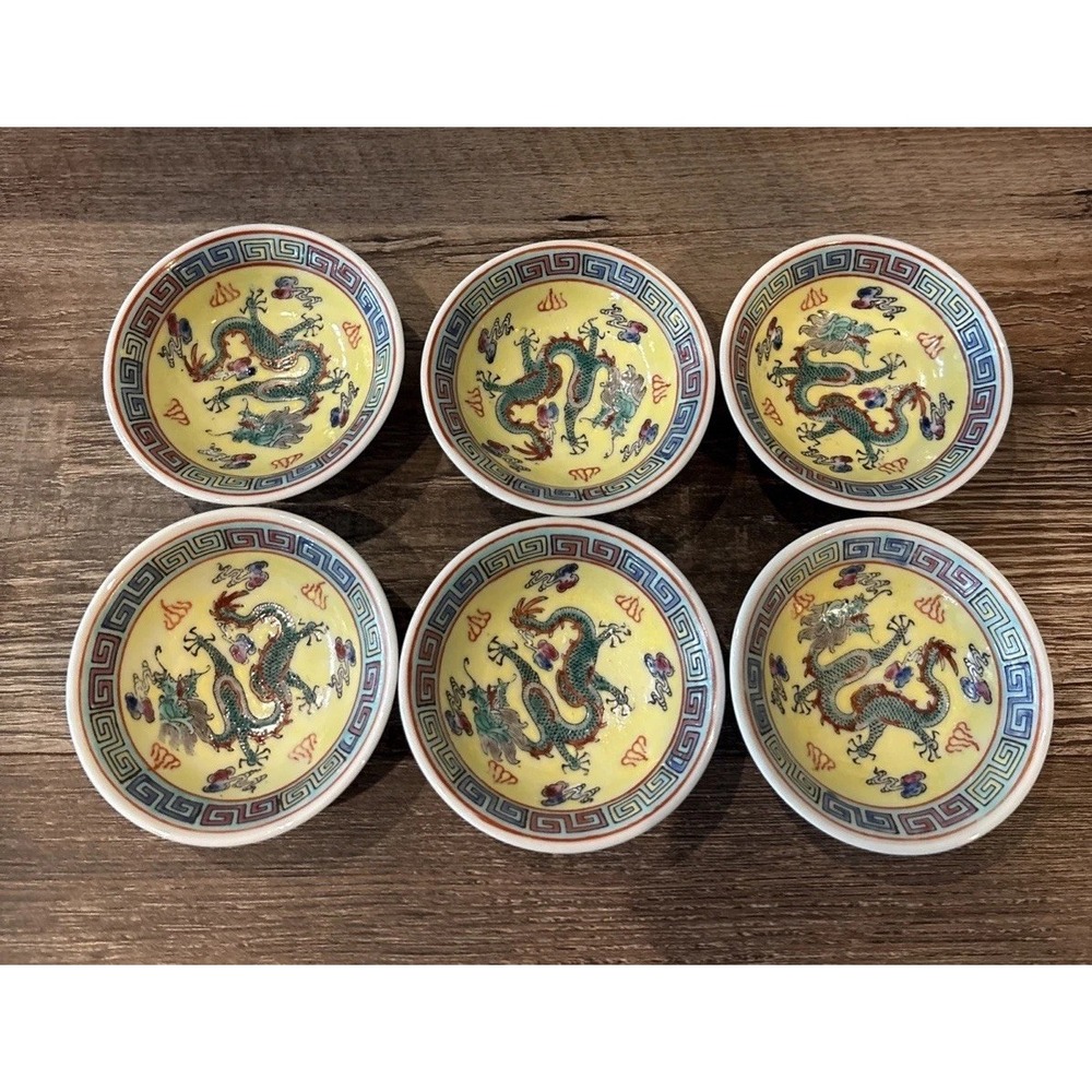 6/Porcelain Hand-Painted Chinese Bowls 5 Toe Dragon & Flaming Pearl 2-5/8"